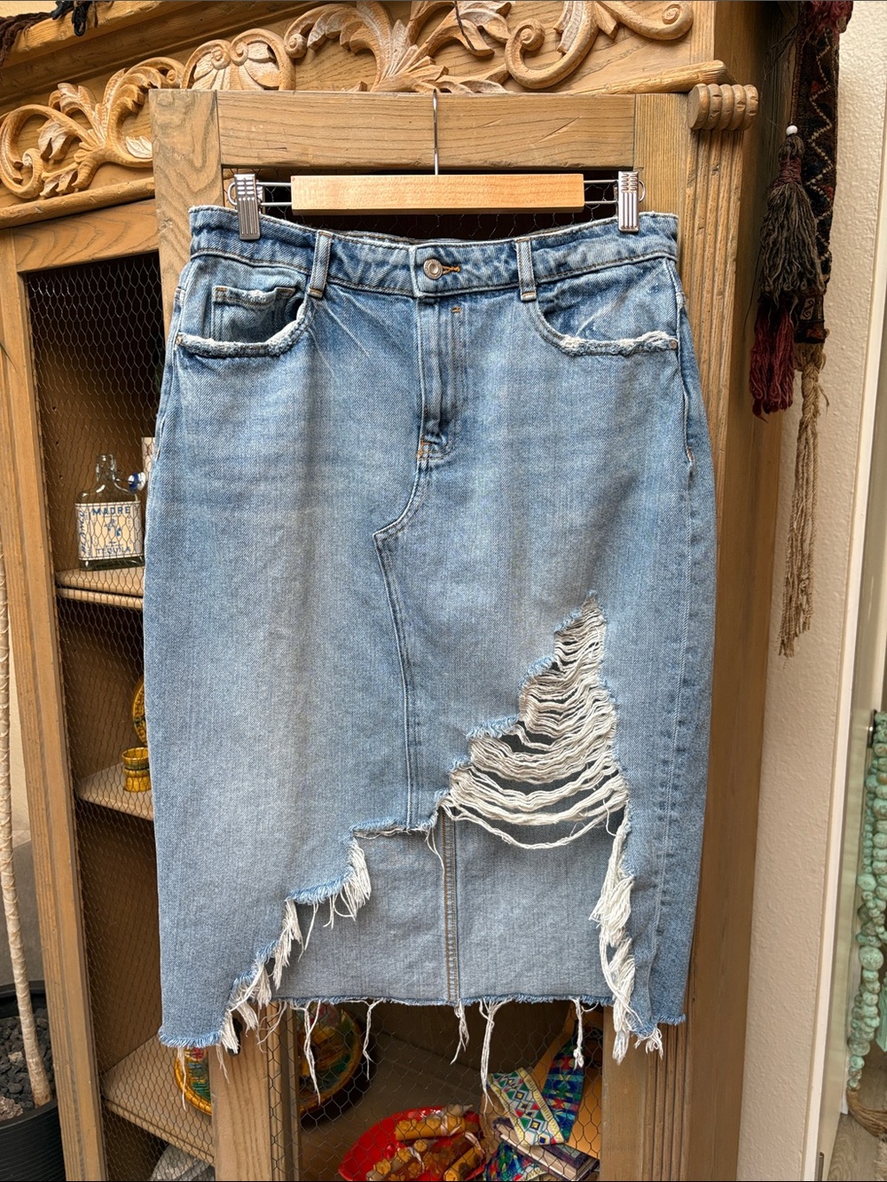 Zara Distressed Midi Denim Skirt